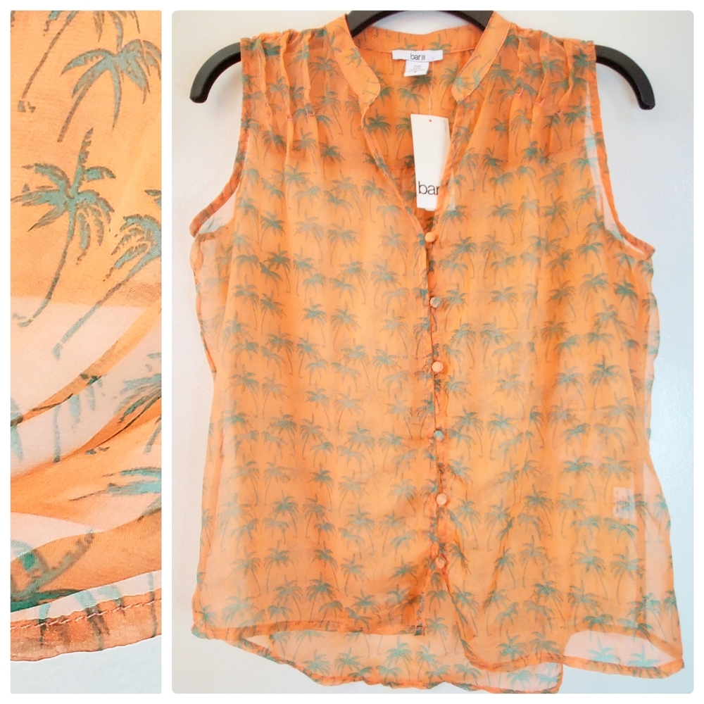 Sheer Tropical Palm Tree Print Sleeveless Top, Button Front, Orange & Green NWT